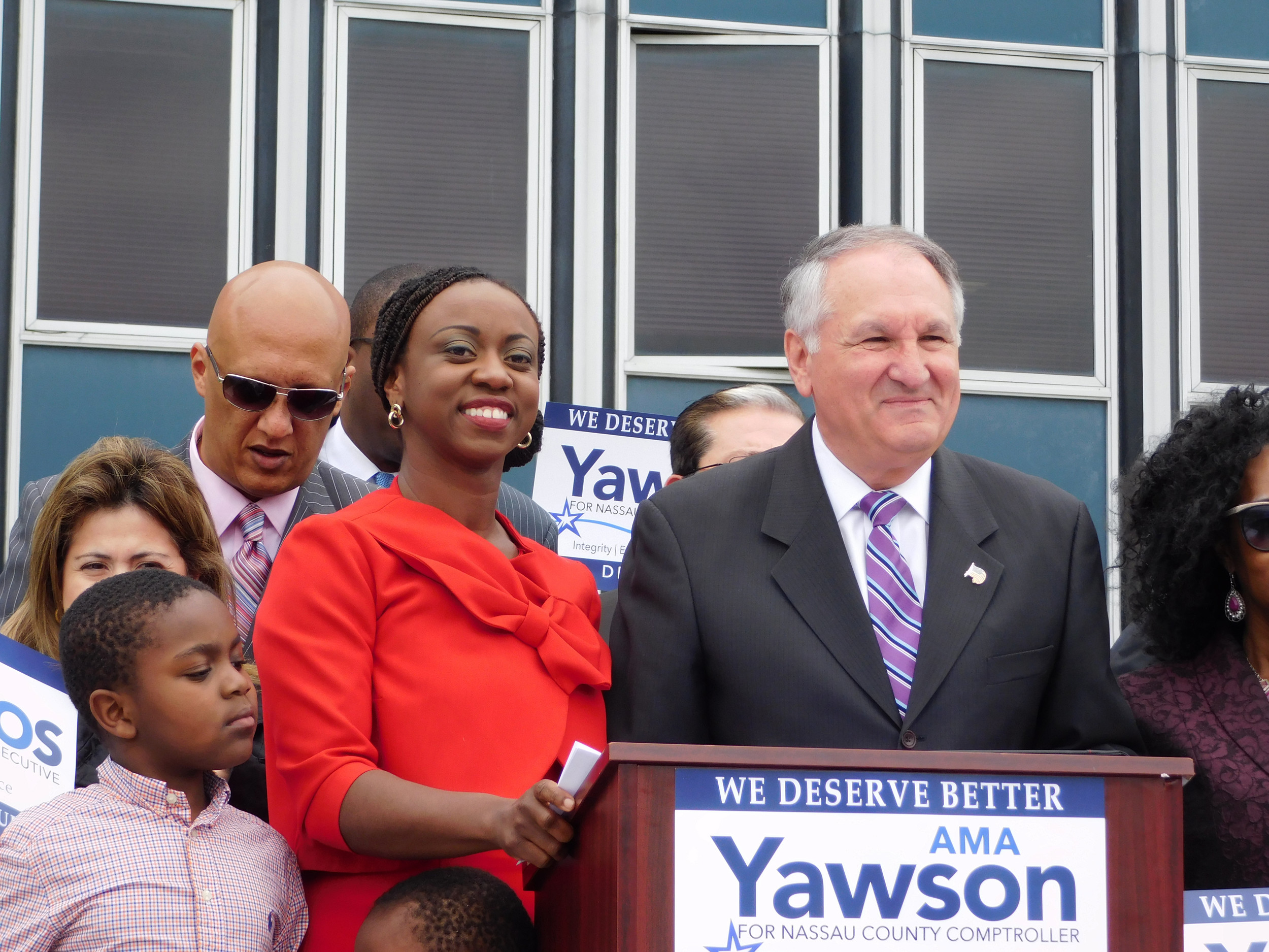 Nassau County Comptroller George Maragos, who is running for county executive as a Democrat, introduced Ama Yawson, of Freeport, on Wednesday as the candidate he would like to see take his place as comptroller.